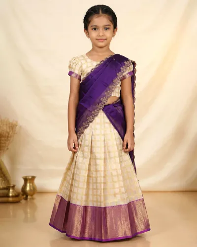 Elegant Girls Traditional Dhavani Set with Zari Checkered Long Skirt Ornate Border Dupatta and Designer Blouse - Cream and Purple